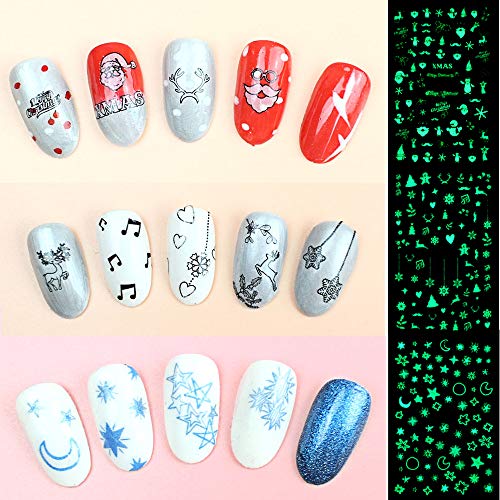HOWAF 900+ pcs Luminoso Navidad Pegatinas Uñas Decorativas Papá Noel Copo de Nieve Nail Art Stickers uñas Etiqueta autoadhesiva para uñas Navidad decoración manicura niñas Mujer