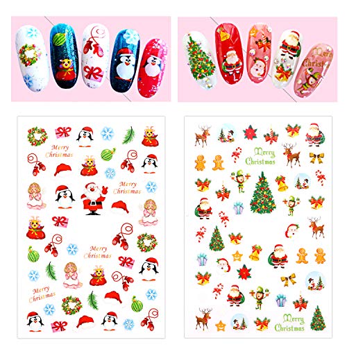 HOWAF Navidad 3D Nail Art Stickers Calcomanías (9 Hojas), Navidad Papá Noel Reno Copo De Nieve Pegatina uñas Calcomanías autoadherentes Nail Art Decoración DIY Etiqueta