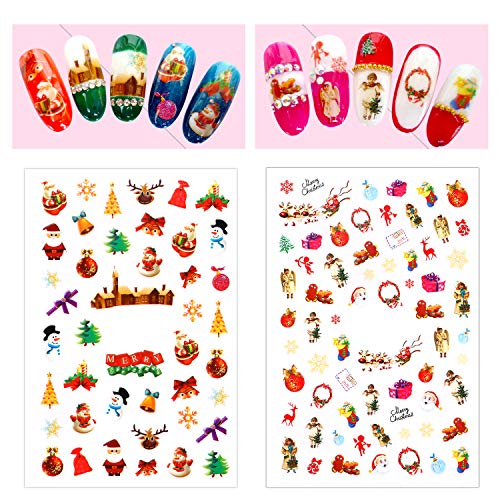 HOWAF Navidad 3D Nail Art Stickers Calcomanías (9 Hojas), Navidad Papá Noel Reno Copo De Nieve Pegatina uñas Calcomanías autoadherentes Nail Art Decoración DIY Etiqueta