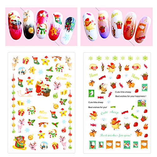 HOWAF Navidad 3D Nail Art Stickers Calcomanías (9 Hojas), Navidad Papá Noel Reno Copo De Nieve Pegatina uñas Calcomanías autoadherentes Nail Art Decoración DIY Etiqueta