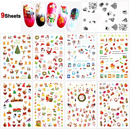 HOWAF Navidad 3D Nail Art Stickers Calcomanías (9 Hojas), Navidad Papá Noel Reno Copo De Nieve Pegatina uñas Calcomanías autoadherentes Nail Art Decoración DIY Etiqueta