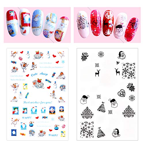 HOWAF Navidad 3D Nail Art Stickers Calcomanías (9 Hojas), Navidad Papá Noel Reno Copo De Nieve Pegatina uñas Calcomanías autoadherentes Nail Art Decoración DIY Etiqueta