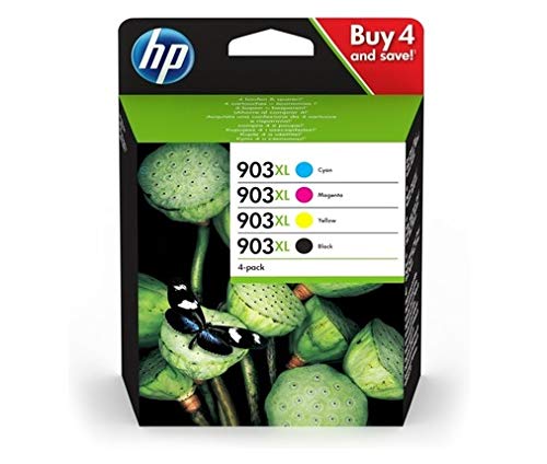HP 903XL 3HZ51AE, Pack de 4, Cartuchos de Tinta Originales de Alto Rendimiento, Negro y Tricolor, compatible con impresoras de inyección de tinta HP OfficeJet 6950, 6951; OfficeJet Pro 6960, 6970