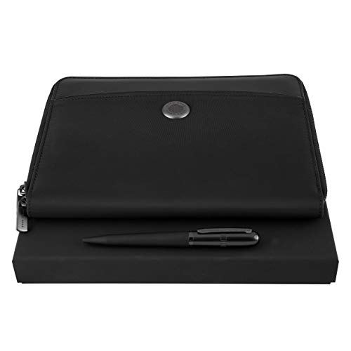 Hugo Boss Contour Black - Juego de bolígrafo y carpeta de conferencias (A5, en estuche de regalo), color negro