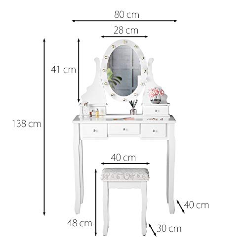 ice cream what's your flavour? Beverley Dior Tocador Luces LED Espejo de Tocador Taburete 5 Cajones de Maquillaje y Almacenamiento de Joyas para el Dormitorio (Blanco)