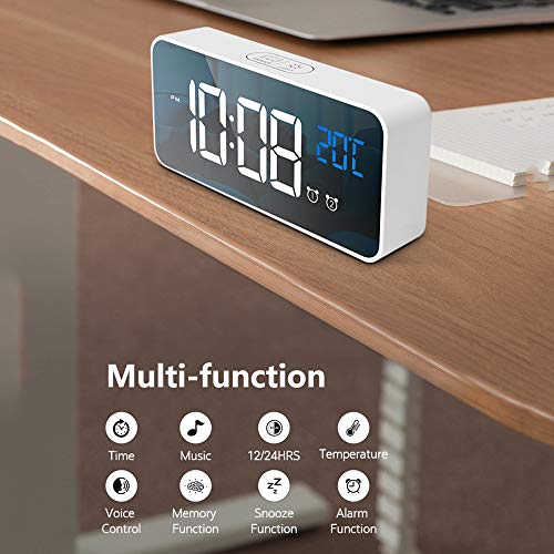 IKEAN Reloj Despertador Espejo Digital Pantalla LED HD Reloj eléctrico Carga USB Snooze Luz Nocturna LED Humedad Música Niños Viajes Relojes despertadores de cabecera(White)