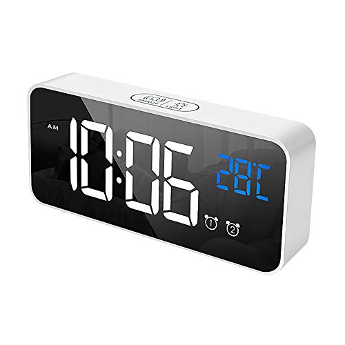 IKEAN Reloj Despertador Espejo Digital Pantalla LED HD Reloj eléctrico Carga USB Snooze Luz Nocturna LED Humedad Música Niños Viajes Relojes despertadores de cabecera(White)