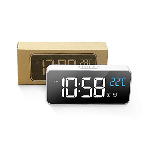 IKEAN Reloj Despertador Espejo Digital Pantalla LED HD Reloj eléctrico Carga USB Snooze Luz Nocturna LED Humedad Música Niños Viajes Relojes despertadores de cabecera(White)