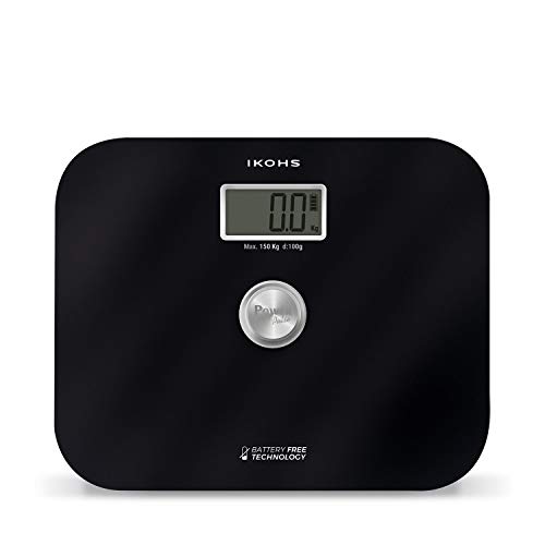 IKOHS EXIGES - Báscula de Baño ecológica generación de energía con Pantalla LCD, sin pilas ni baterias, Compacta, Capacidad de 150kg, Medición Alta Precisión, Con Apagado Automático (Negro)