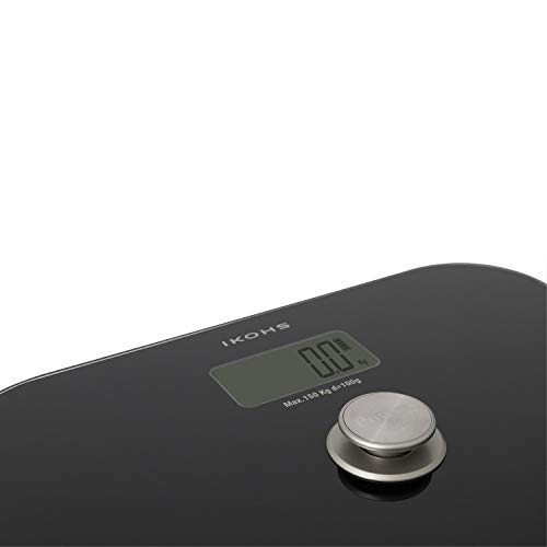 IKOHS EXIGES - Báscula de Baño ecológica generación de energía con Pantalla LCD, sin pilas ni baterias, Compacta, Capacidad de 150kg, Medición Alta Precisión, Con Apagado Automático (Negro)
