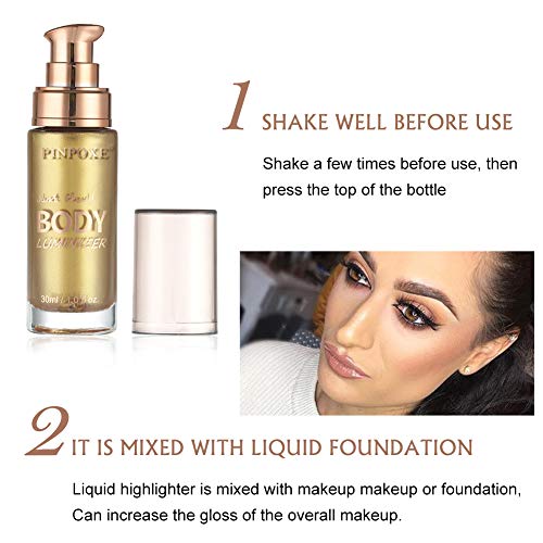 Iluminador Líquido, Líquido Resaltador, Highlighter Liquido, Highlighter Maquillaje, Liquid Highlighter Makeup, Contouring Iluminador Corrector Maquillaje Liquid Shimmer para Rostro y Cuerpo - 30ML