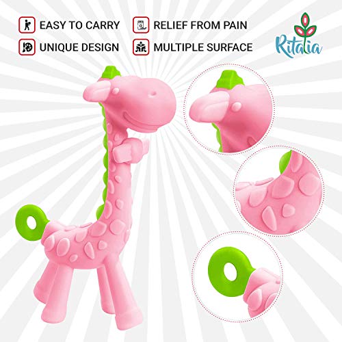 Inesita Jirafa mordedor bebé de Ritalia. Juguete bebé a partir 4 meses. Mordedores bebes refrigerante niño/niña (Rosa 2 u)