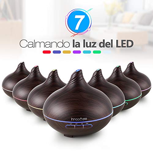 InnooCare 300ml Aroma Difusor Ultrasónico Humidificador para Aromaterapia con Grano de Madera con 7 Colores LED para el Hogar, Yoga, Oficina