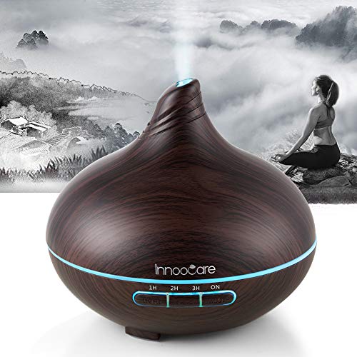 InnooCare 300ml Aroma Difusor Ultrasónico Humidificador para Aromaterapia con Grano de Madera con 7 Colores LED para el Hogar, Yoga, Oficina