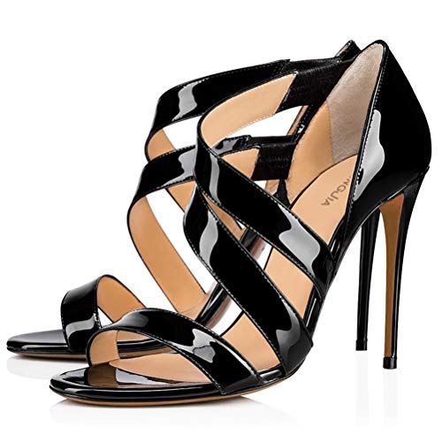 Insole Sandalias Zapatos de Tacón, Desnudo Negro De Moda De Gran Tamaño Fino De Charol De Tacón Alto Sandalias De Punta Abierta para El Club del Partido Trabajo,1,42