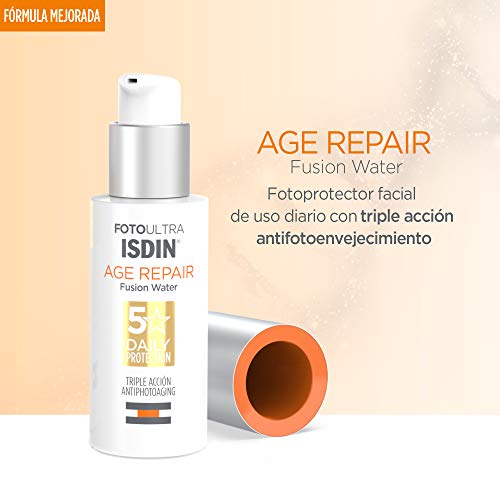 ISDIN - FotoUltra Age Repair Fusion Water SPF 50 - Protector solar facial de fase acuosa, triple acción anti-fotoenvejecimiento, 50 ml