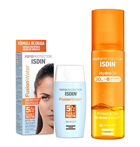 ISDIN PACK Protector Solar Facial Fusion Water SPF 50+ | Protector Solar Corporal Hydro Oil SPF 30, Protege y Broncea hasta un +43%