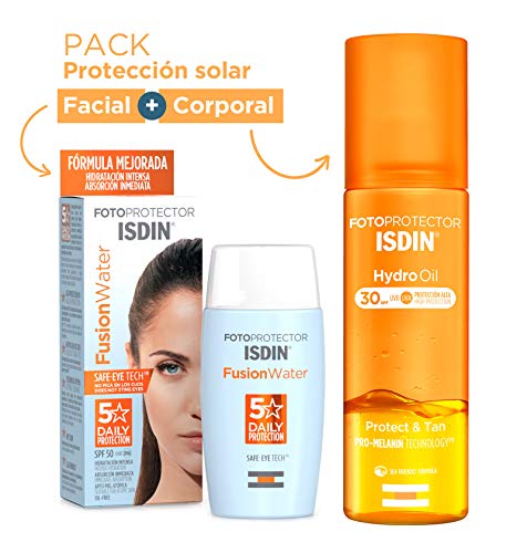 ISDIN PACK Protector Solar Facial Fusion Water SPF 50+ | Protector Solar Corporal Hydro Oil SPF 30, Protege y Broncea hasta un +43%