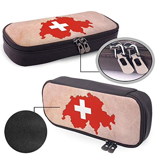 IUBBKI Suiza mapa bandera estuche de cuero para lápices estuche de maquillaje cosmético multifunción para estudiantes niños niñas adultos