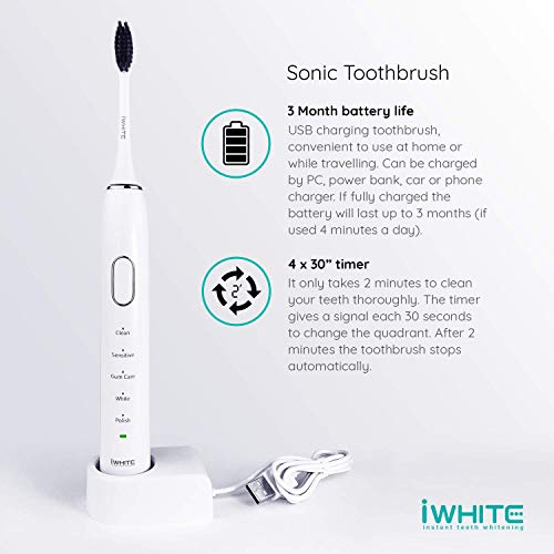 iWhite Cepillo Dental Sónico - Batería para 3 Meses (con Cargador USB) - Cerdas con Carbón Activo para Blanqueamiento Dental - 40000 Vibraciones por Minuto y 5 Funciones de Cepillado