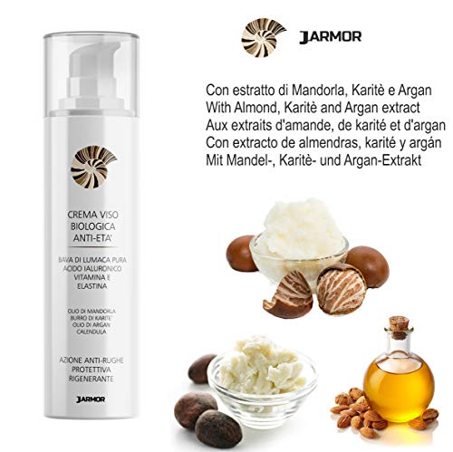 J.ARMOR Crema de Baba de Caracol - Cara Cuello y Escote - Ácido Hialurónico, Argán, Karitè, Vitamina C - Antiedad, Hidratante, Reduce las Arrugas, Marcas de Acné, Manchas de la Piel - Orgánico - 50 ml