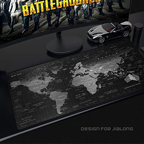 JIALONG Alfombrilla Raton Multifuncional Grande Gaming Mouse Pad XXL 900x400mm, Lavable, Antideslizante Diseñada para Gamers, Trabajo de Oficina - Negro Mapa Mundi