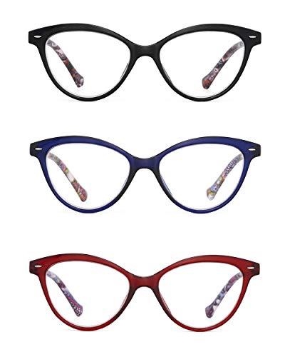 JM 3 Paquete Moda Diseñador Ojos de Gato Gafas de Lectura Anteojos Bisagras de Resorte Para Lectores Mujer+2.5 Color Mixto