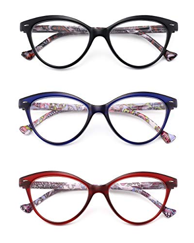 JM 3 Paquete Moda Diseñador Ojos de Gato Gafas de Lectura Anteojos Bisagras de Resorte Para Lectores Mujer+2.5 Color Mixto