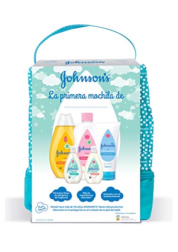 Johnson's Baby Pack Bebe Mi Primera Mochila, Champu Clásico 300 ml, Aceite Corporal 300 ml, Crema Protectora de Pañal 100 ml, Loción 50 ml, Gel 50 ml