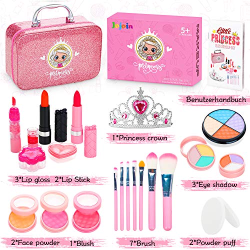 Jojoin 22 piezas Maquillaje Niñas con una Corona, Cosméticos Juguete, Caja de maquillaje, Juguete de Regalo Perfecto para Niña con Sueño de Princesa, Regalos de Cumpleaños y Navidad para Niños