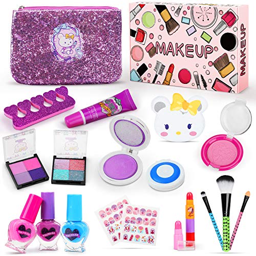 Jojoin Maquillaje Niñas 19PCS, Maquillaje Niñas Set Maletin, 2 * Horquilla, 2 * Sombra de Ojos, 1 * Lápiz Labial, 3 * Esmalte de uñas en Forma de Corazón, etc...