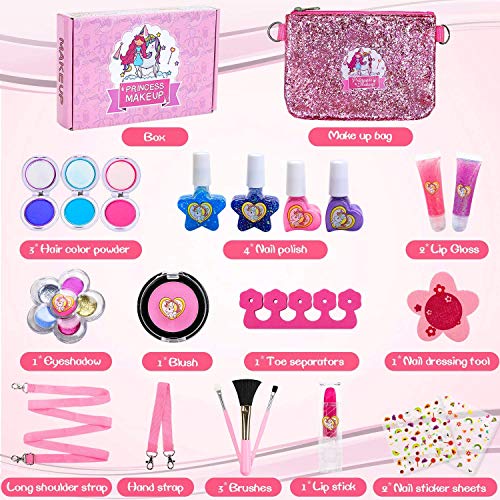 Jojoin Maquillaje Niñas Set, Maquillaje Infantil, Juguete de Maquillaje con Pinzas para El Cabello, Regalo de Princesas para Niñas Juguete para Los Niños en Fiesta