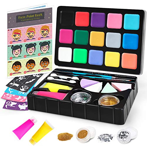 Jojoin Pinturas Cara, Pinturas Corporales y Cara, Pintura Facial Seguro y Saludable para Halloween/Fiestas/Cosplay/Santa, con 17 Colores +24 Moldes + 2Cepillos ect....