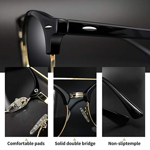 Joopin Gafas de Sol Polarizadas Hombre Redondas Clásico Vintage Retro Puente Doble Media Montura Gafas Mujeres Negro
