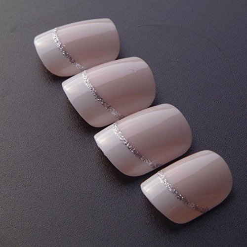 Jovono - 24 uñas postizas de manicura francesa con pegamento, color rosa natural