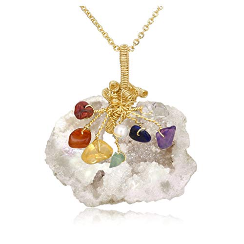JSDDE - Colgante de cuarzo natural transparente con forma de racimo de cristal y 7 piedras de chakra envueltas en alambre