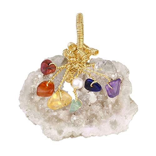 JSDDE - Colgante de cuarzo natural transparente con forma de racimo de cristal y 7 piedras de chakra envueltas en alambre