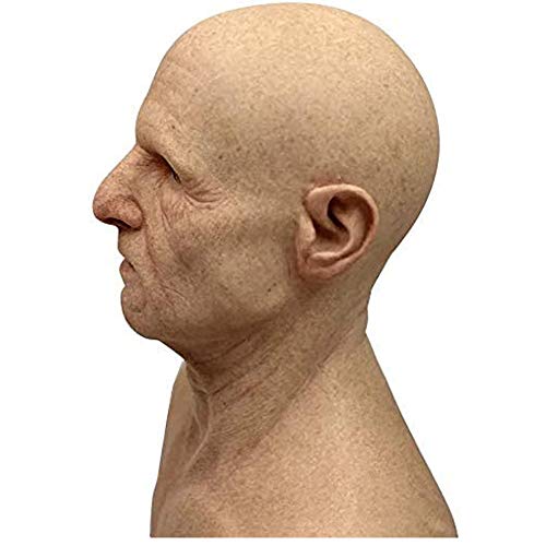 JSSJ Decoración de tocados Realista Máscara de Anciano Realista con Cabello Cara y Cuello realistas para Mascarada Máscara de Halloween de Silicona Máscaras de Arrugas humanas de látex (Bald Mask)