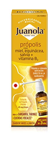 Juanola Pulverizador Própolis - 30 ml - Complemento alimenticio con extracto de própolis, miel, extracto de salvia, extracto de equinácea y vitamina B3. Para la garganta, faringe y cuerda vocales.