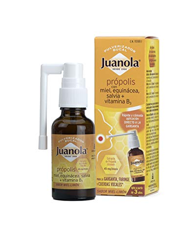 Juanola Pulverizador Própolis - 30 ml - Complemento alimenticio con extracto de própolis, miel, extracto de salvia, extracto de equinácea y vitamina B3. Para la garganta, faringe y cuerda vocales.