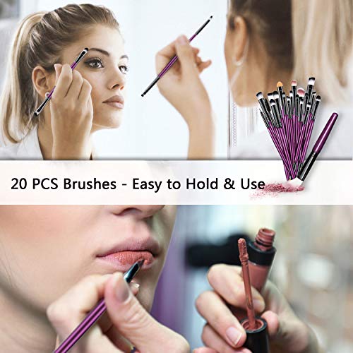 Juego de 20 brochas de maquillaje, base en polvo, sombra de ojos, delineador de ojos, brochas cosméticas para labios, kit de aseo (morado y negro) ideal para uso profesional y diario