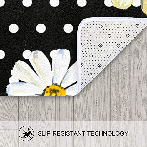 Juego de cortinas de ducha con alfombra antideslizante, alfombrilla de baño y 12 ganchos de acuarela camomilas y puntos sobre un fondo negro, cortina de ducha resistente al agua