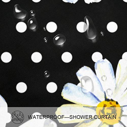 Juego de cortinas de ducha con alfombra antideslizante, alfombrilla de baño y 12 ganchos de acuarela camomilas y puntos sobre un fondo negro, cortina de ducha resistente al agua