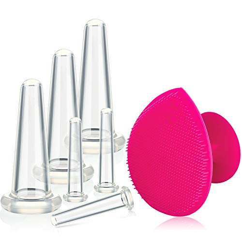 Juego de Ventosas Faciales Masaje Ahuecamiento de Cara y Ojos, Set de Ventosas Faciales Tazas de Silicona con Cepillo Exfoliante para Cara Cuello Piel (Pequeño Mediano, Blanco)