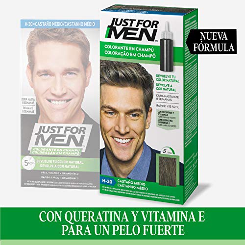 Just For Men - Champú colorante para cabello masculino, elimina las canas y rejuvenece el cabello en 5 minutos, 30 ml, marrón medio (El Empaque Puede Variar)