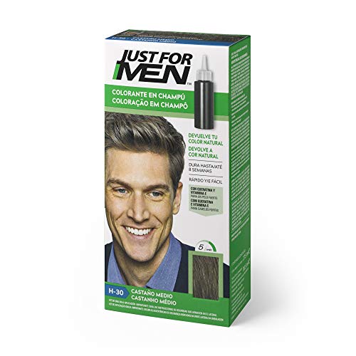 Just For Men - Champú colorante para cabello masculino, elimina las canas y rejuvenece el cabello en 5 minutos, 30 ml, marrón medio (El Empaque Puede Variar)