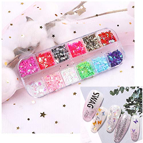 Kalolary 12 Colores Mariposa Lentejuelas Holográficas de Uñas Nail Art Decoración Purpurinas Confeti Uñas Nail Art Glitter Brillos para Manicura y Diseños de Uñas (D)
