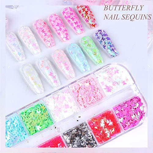Kalolary 12 Colores Mariposa Lentejuelas Holográficas de Uñas Nail Art Decoración Purpurinas Confeti Uñas Nail Art Glitter Brillos para Manicura y Diseños de Uñas (D)