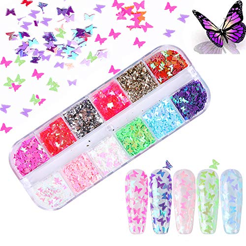 Kalolary 12 Colores Mariposa Lentejuelas Holográficas de Uñas Nail Art Decoración Purpurinas Confeti Uñas Nail Art Glitter Brillos para Manicura y Diseños de Uñas (D)