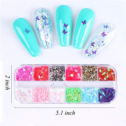 Kalolary 12 Colores Mariposa Lentejuelas Holográficas de Uñas Nail Art Decoración Purpurinas Confeti Uñas Nail Art Glitter Brillos para Manicura y Diseños de Uñas (D)